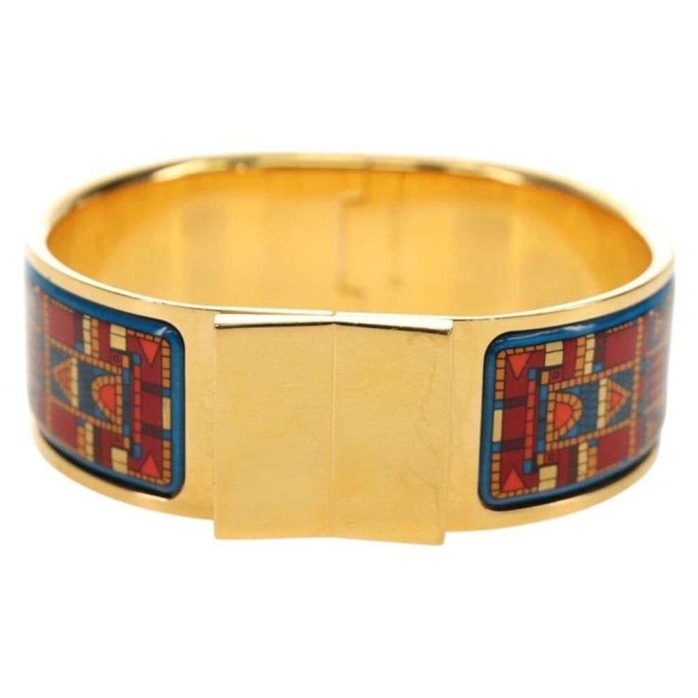 Hermes Loquet Bangle Metal And Printed Enamel Gold Metal Bracelet Jewelry
